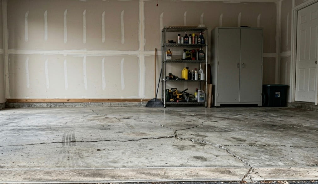 Cracked, salt-stained bare concrete garage floor before coating